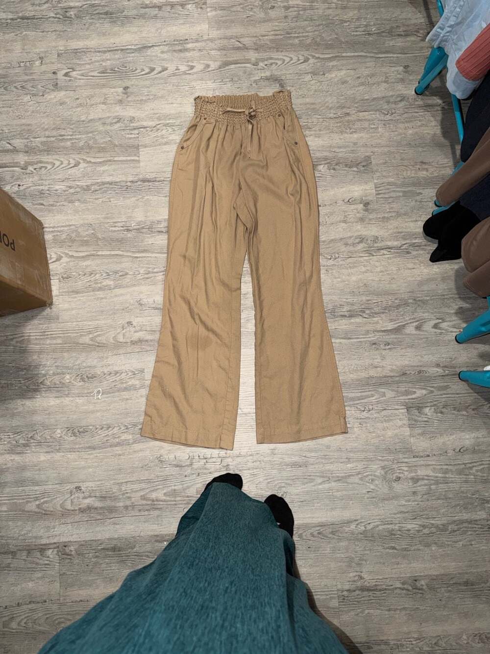 One5One Tan Smocked High Waist Wide Leg Linen Blend Pants